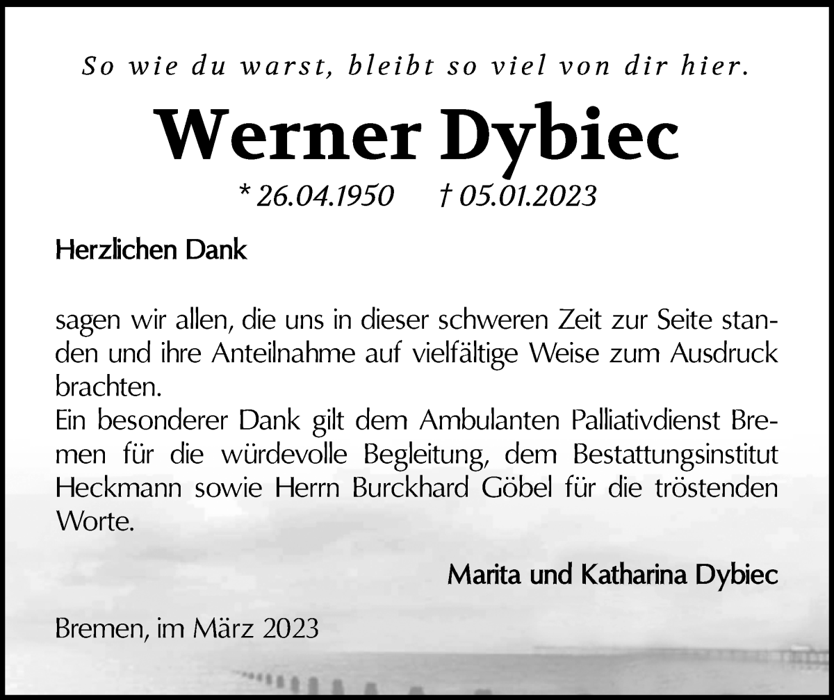  Traueranzeige für Werner Dybiec vom 04.03.2023 aus Die Norddeutsche
