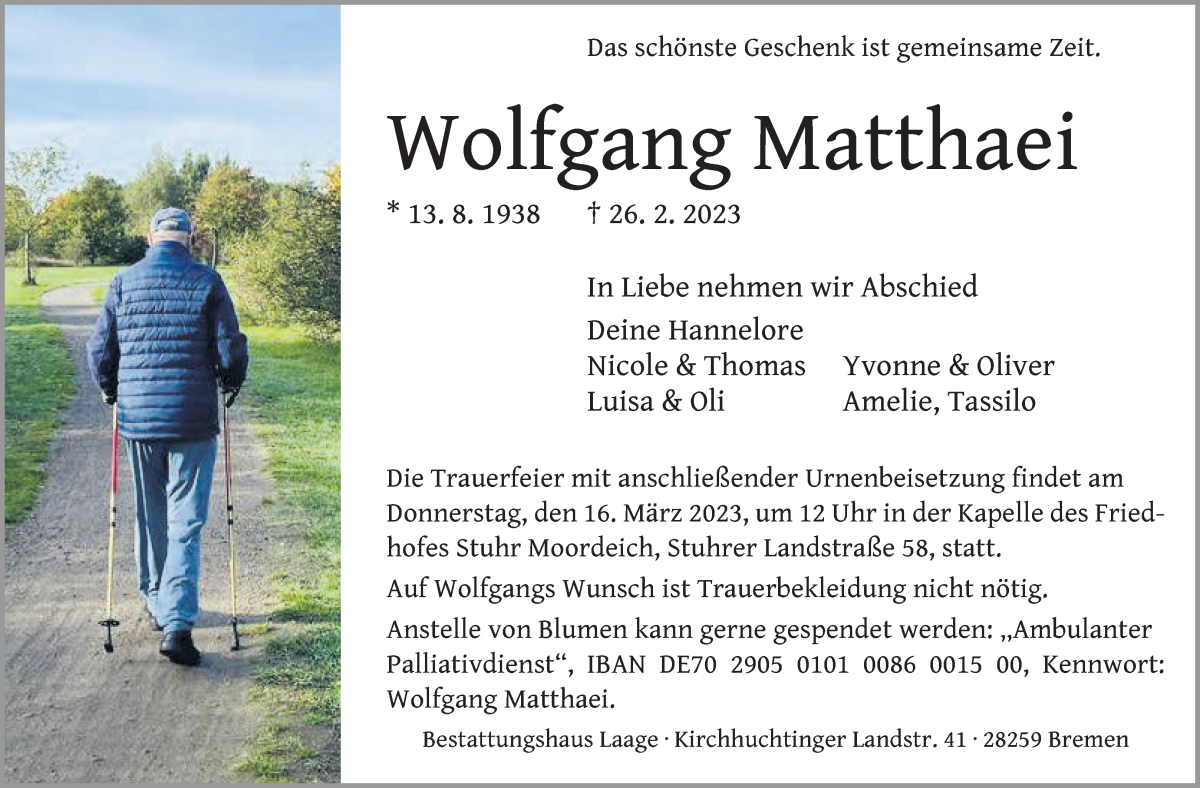  Traueranzeige für Wolfgang Matthaei vom 04.03.2023 aus WESER-KURIER