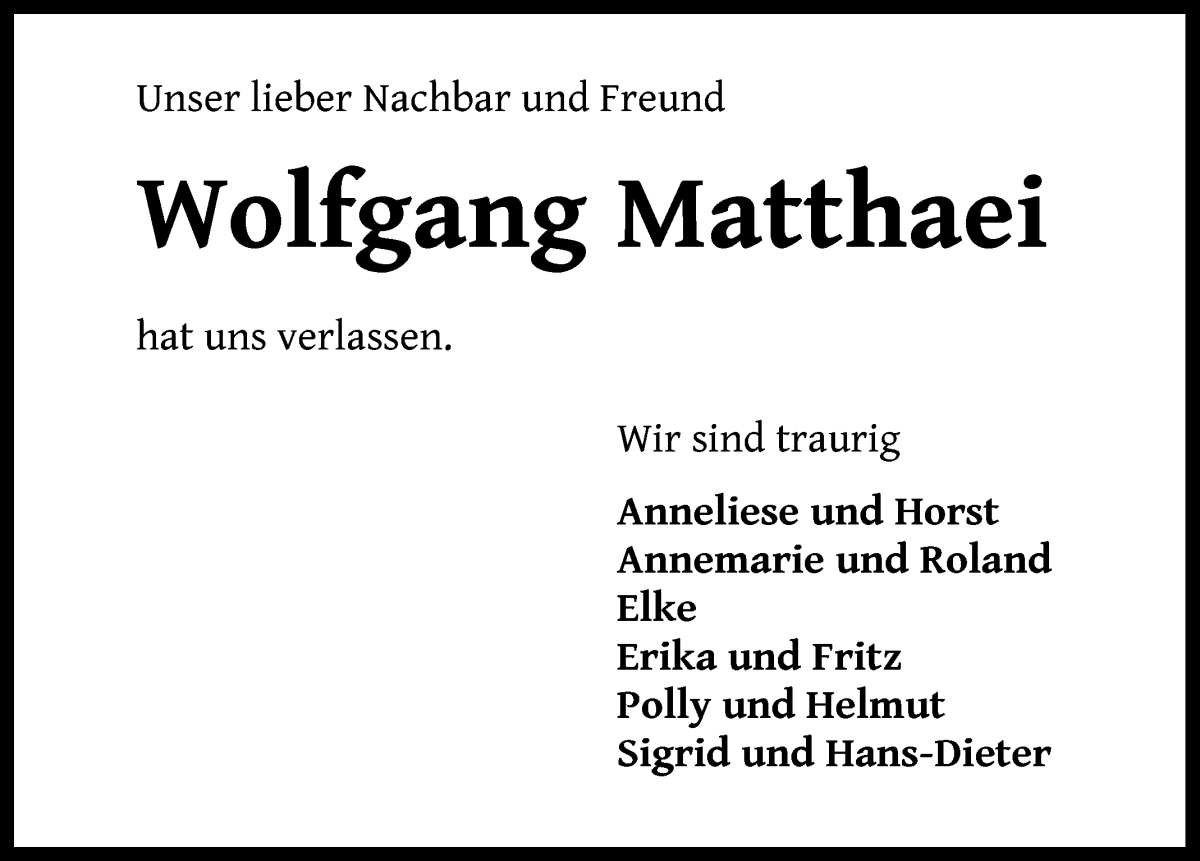  Traueranzeige für Wolfgang Matthaei vom 04.03.2023 aus WESER-KURIER