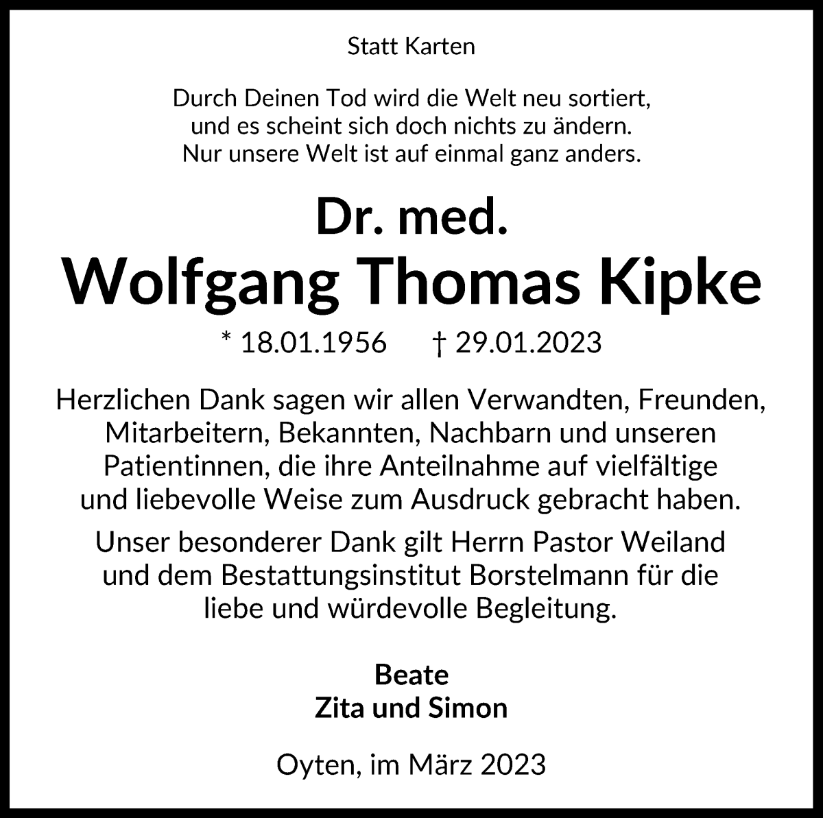  Traueranzeige für Wolfgang Thomas Kipke vom 18.03.2023 aus WESER-KURIER