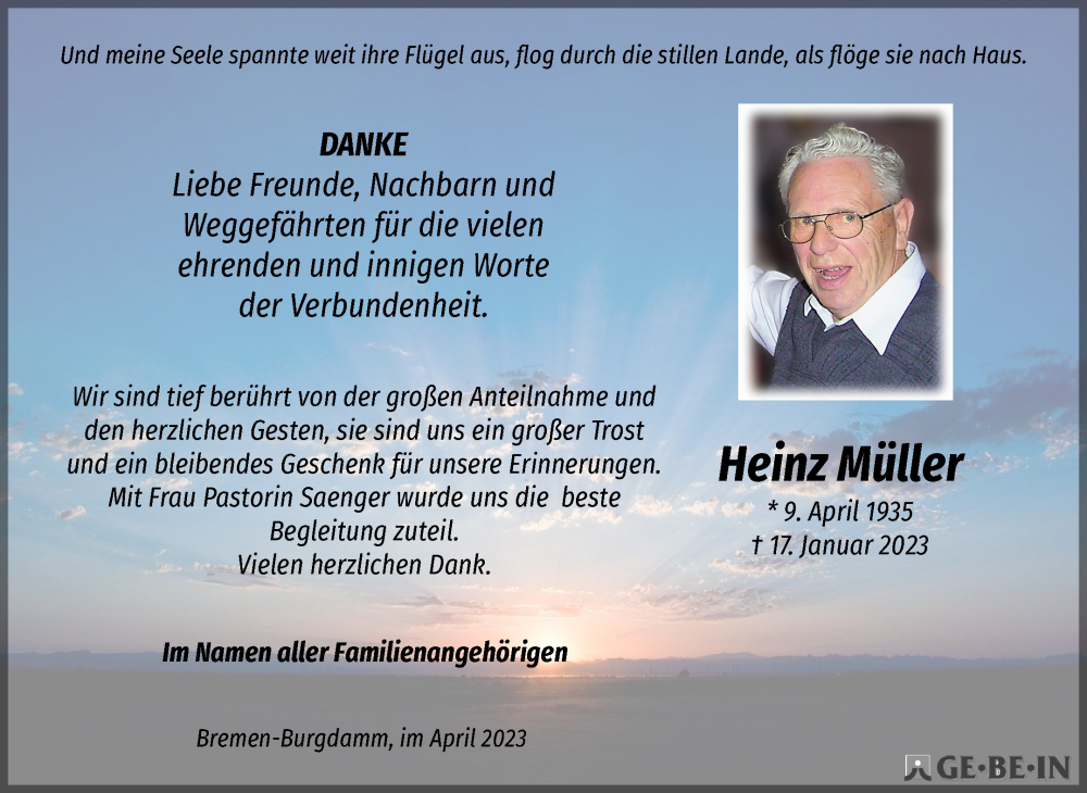 Traueranzeige von Heinz Müller von Die Norddeutsche