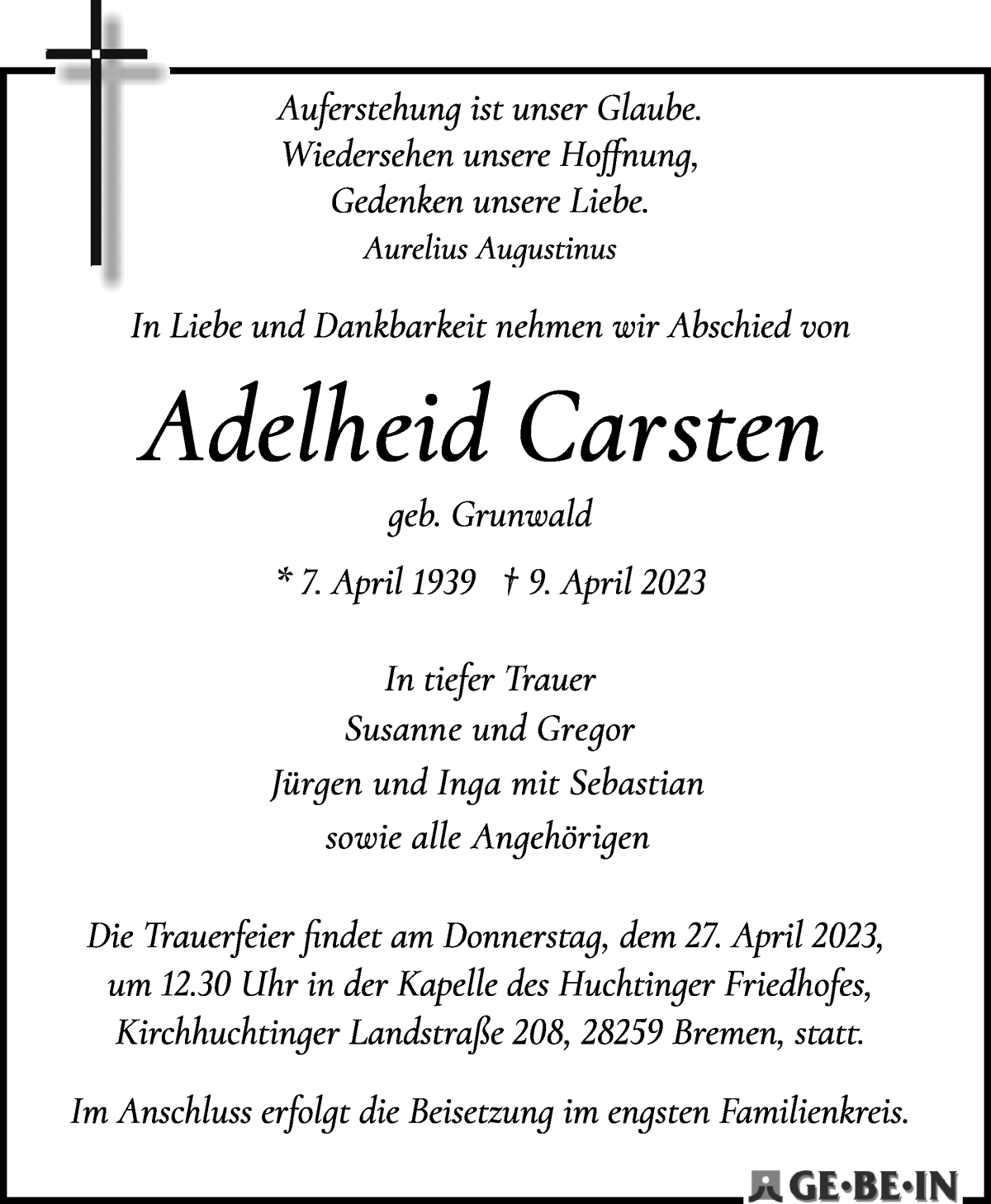 Traueranzeige von Adelheid Carsten von WESER-KURIER