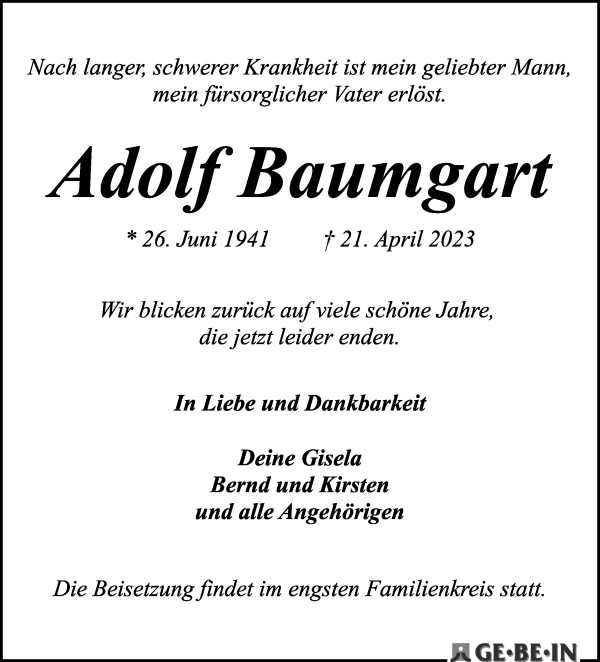 Traueranzeige von Adolf Baumgart von WESER-KURIER