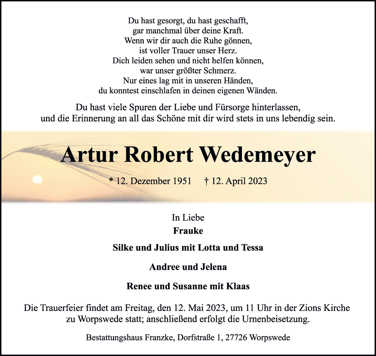 Traueranzeige von Artur Robert Wedemeyer von Wuemme Zeitung