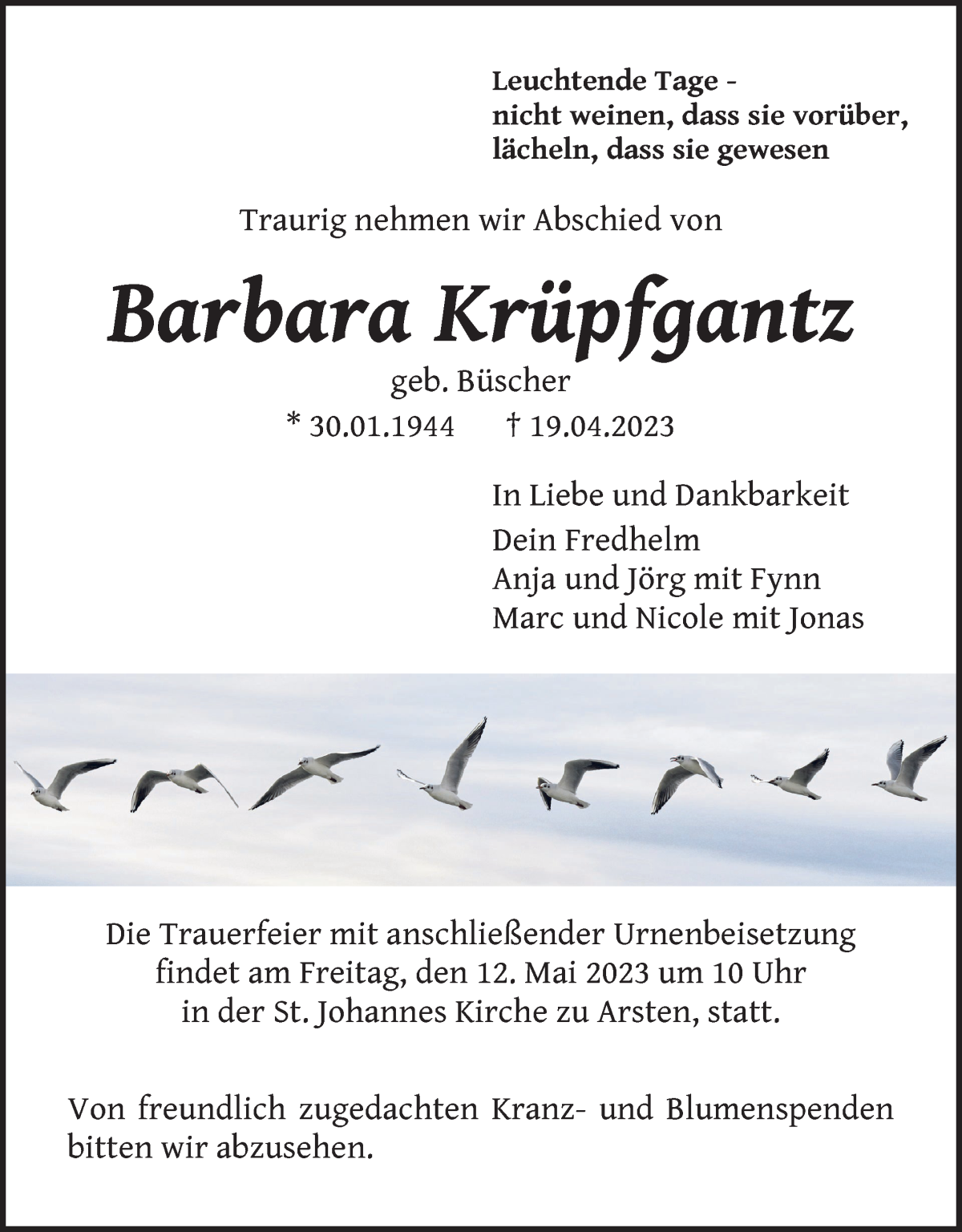 Traueranzeige von Barbara Krüpfgantz von WESER-KURIER