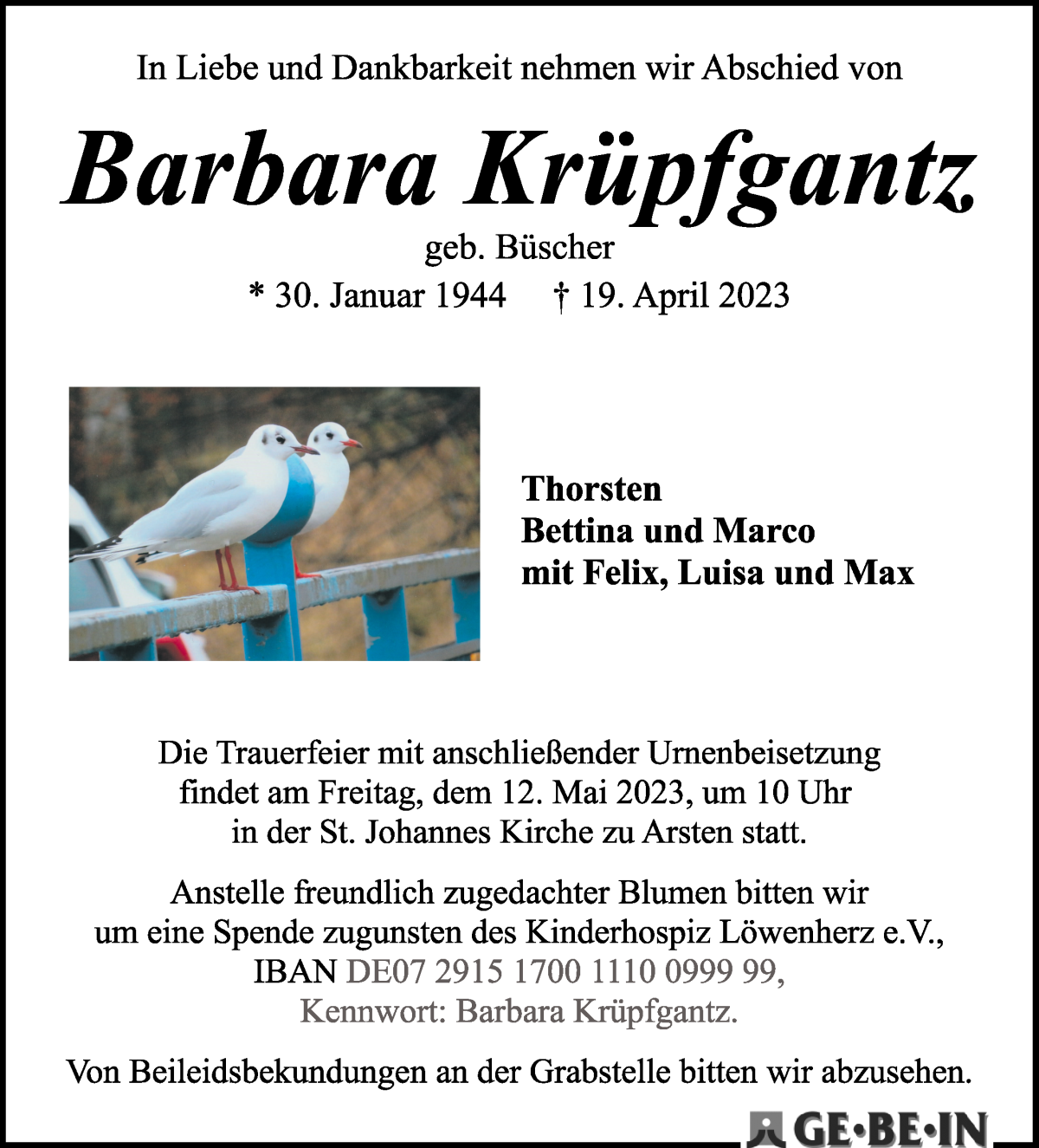 Traueranzeige von Barbara Krüpfgantz von WESER-KURIER