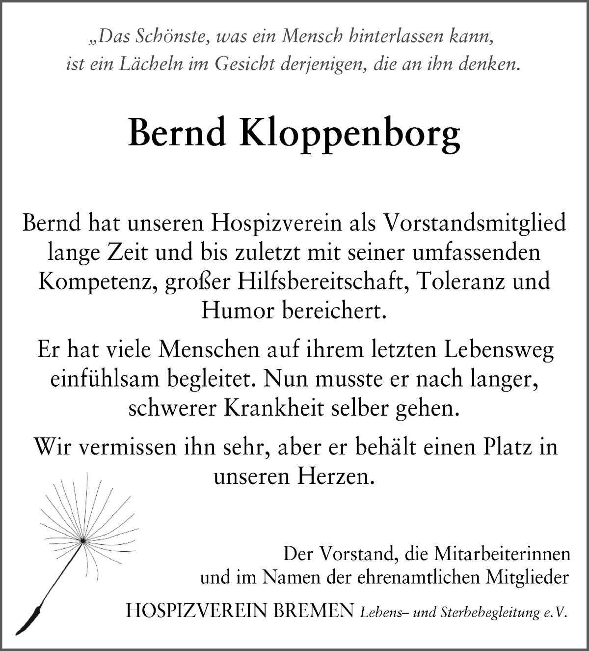 Traueranzeige von Bernd Kloppenborg von WESER-KURIER