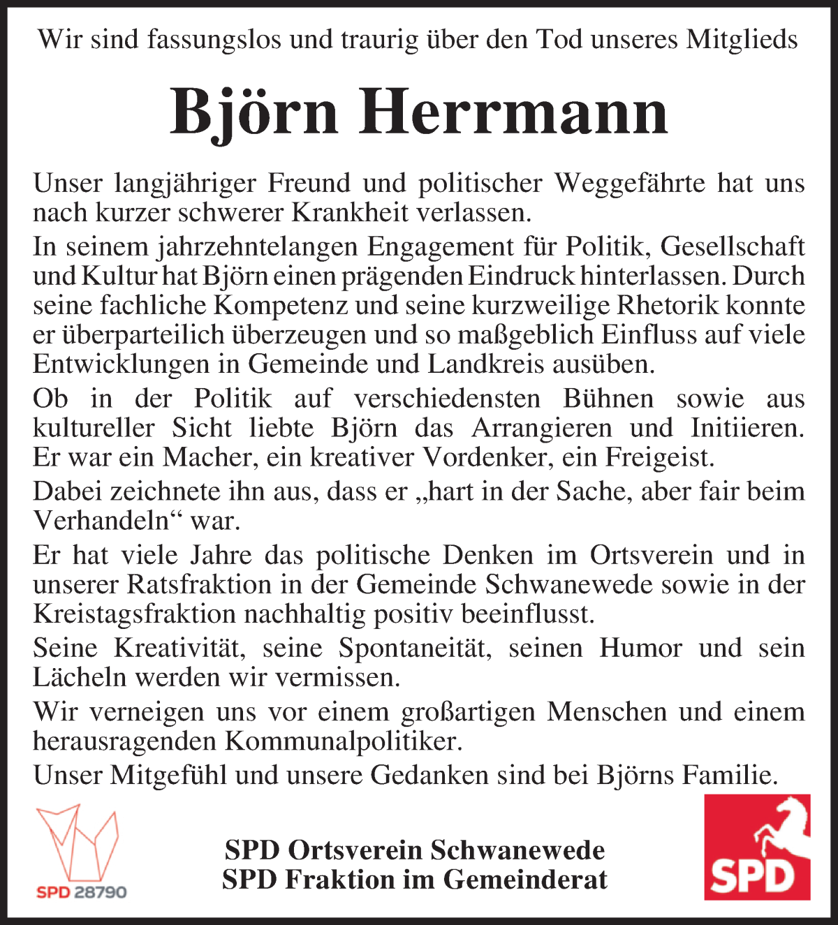  Traueranzeige für Björn Herrmann vom 15.04.2023 aus Die Norddeutsche