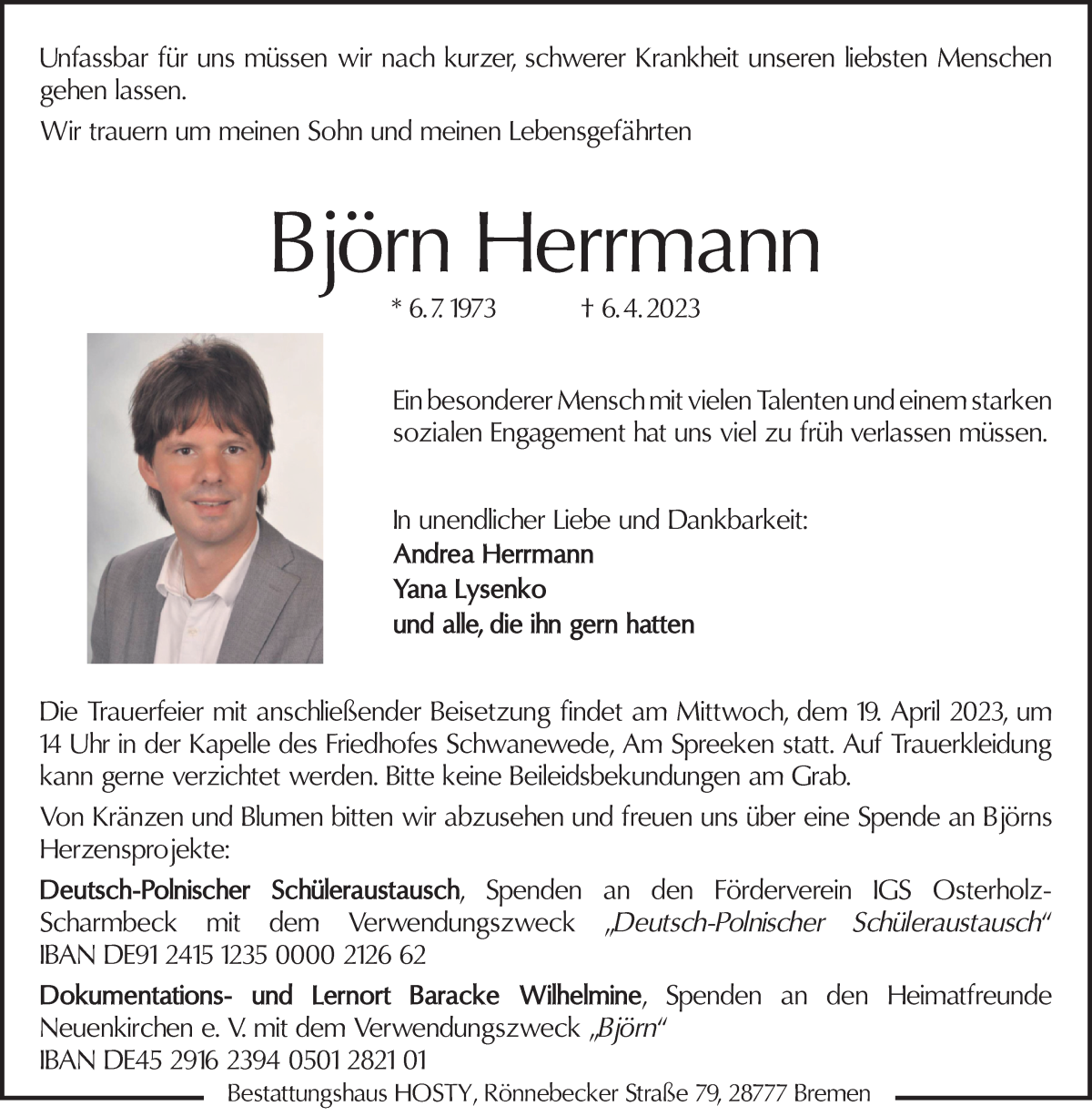  Traueranzeige für Björn Herrmann vom 15.04.2023 aus Osterholzer Kreisblatt