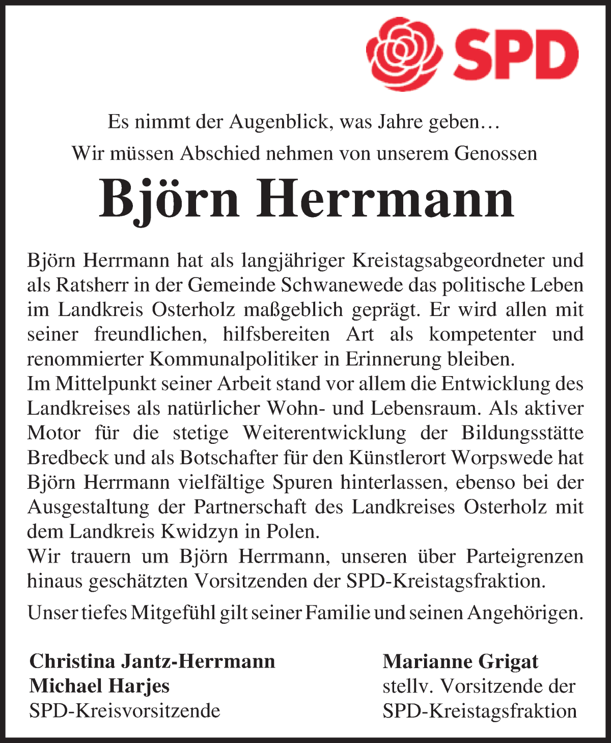  Traueranzeige für Björn Herrmann vom 15.04.2023 aus Osterholzer Kreisblatt