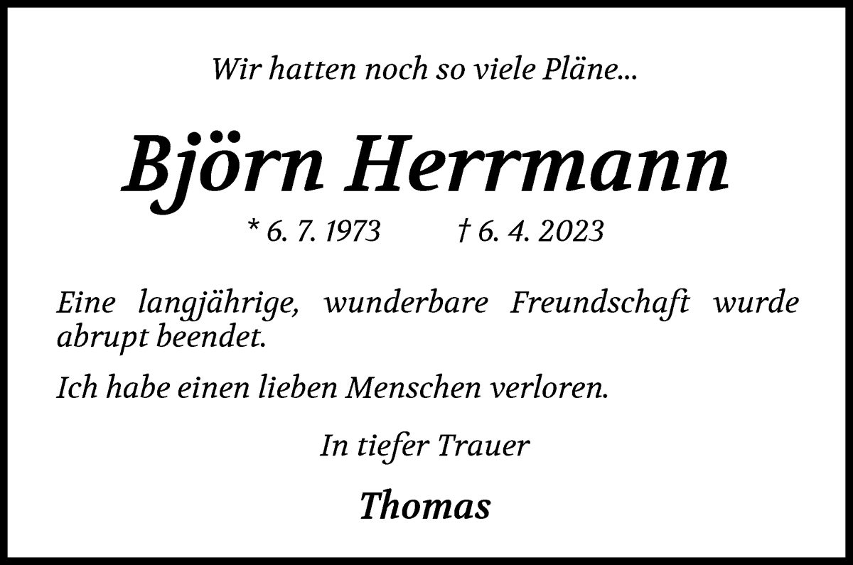  Traueranzeige für Björn Herrmann vom 15.04.2023 aus Die Norddeutsche