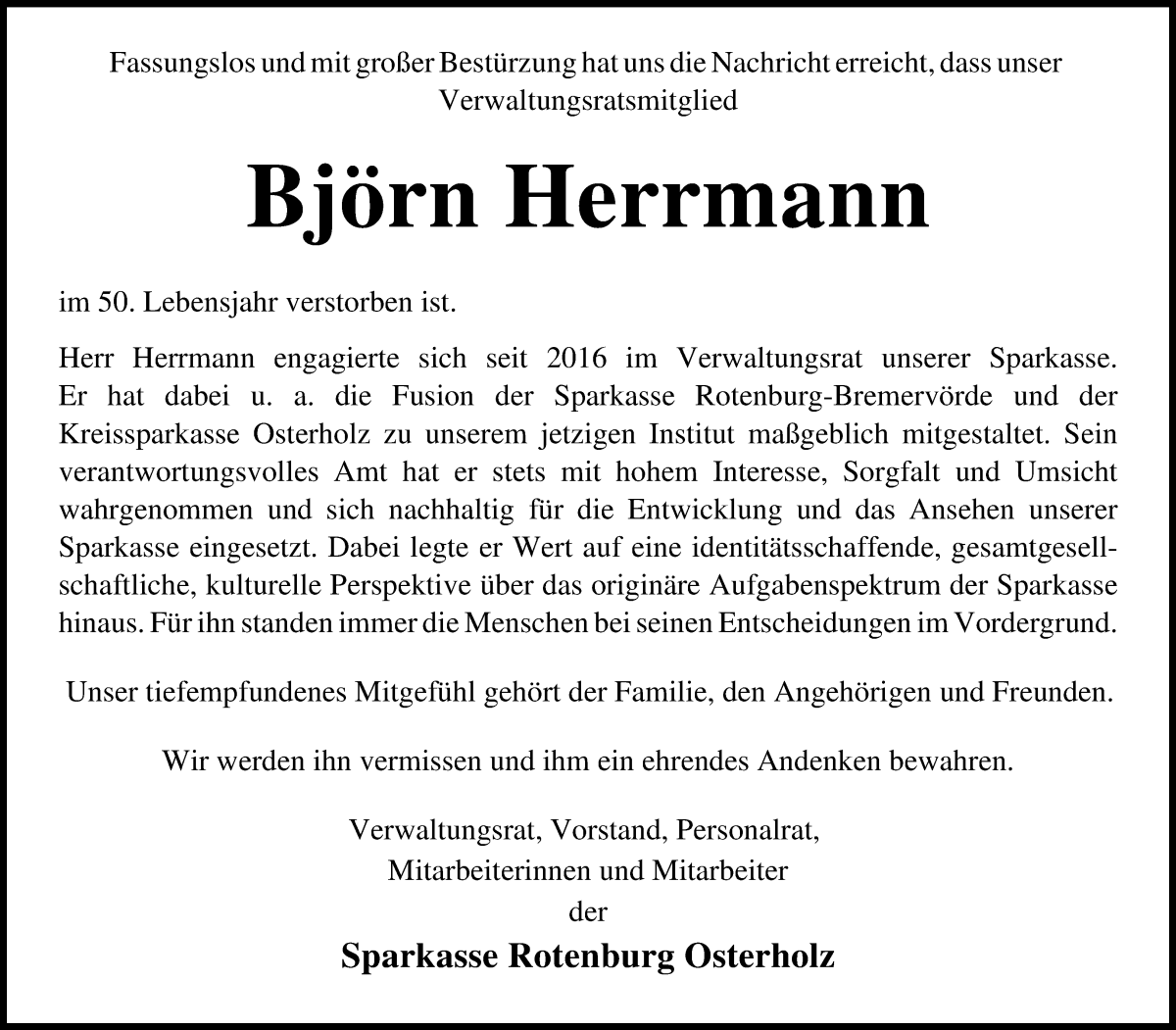  Traueranzeige für Björn Herrmann vom 15.04.2023 aus Osterholzer Kreisblatt