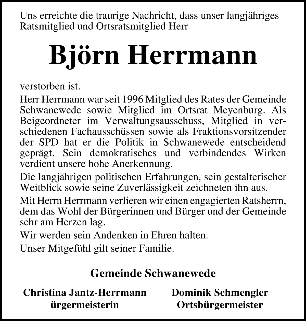  Traueranzeige für Björn Herrmann vom 15.04.2023 aus Die Norddeutsche