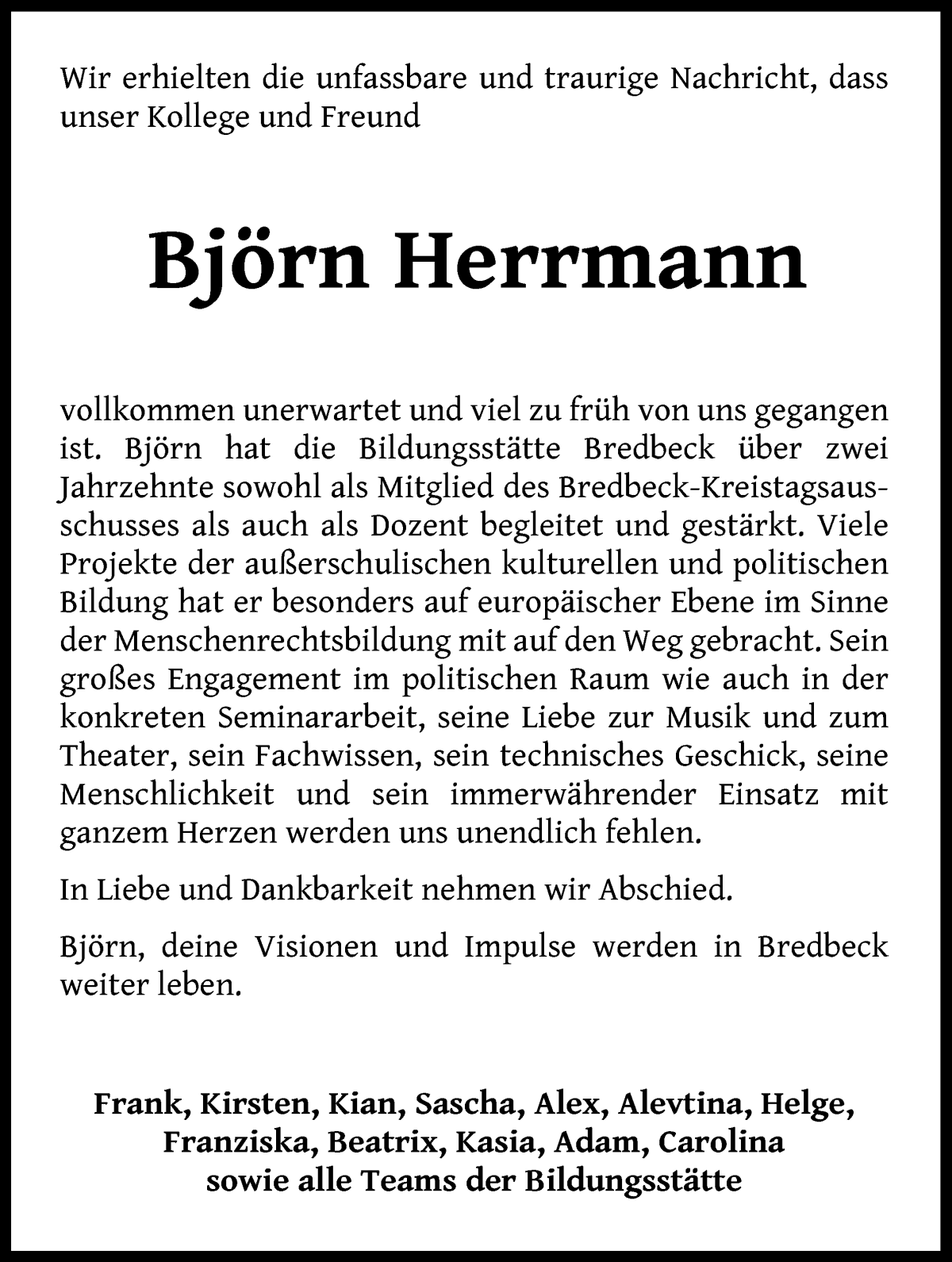  Traueranzeige für Björn Herrmann vom 15.04.2023 aus Osterholzer Kreisblatt