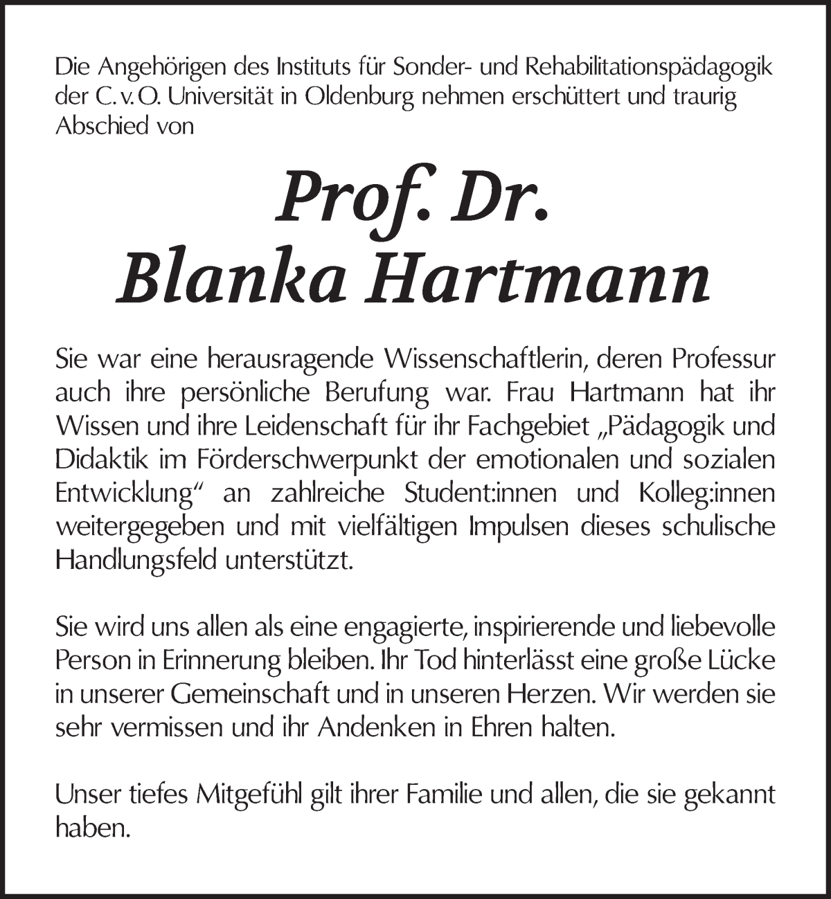 Traueranzeige von Blanka Hartmann von WESER-KURIER