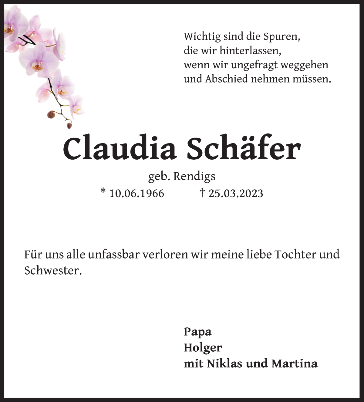  Traueranzeige für Claudia Schäfer vom 01.04.2023 aus WESER-KURIER