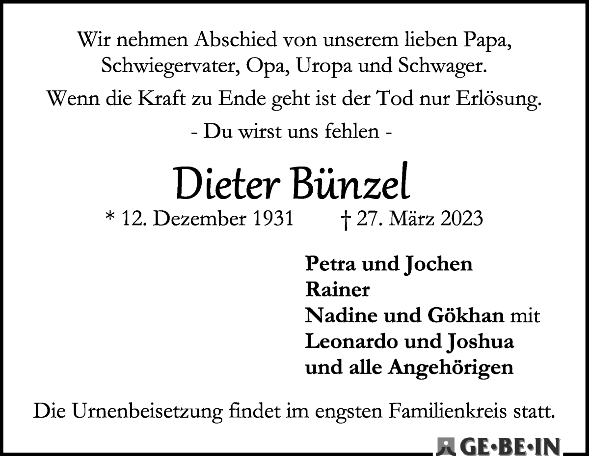 Traueranzeige von Dieter Bünzel von WESER-KURIER