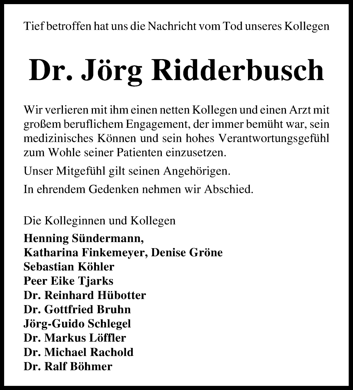 Traueranzeige von Dr. Jörg Ridderbusch von WESER-KURIER