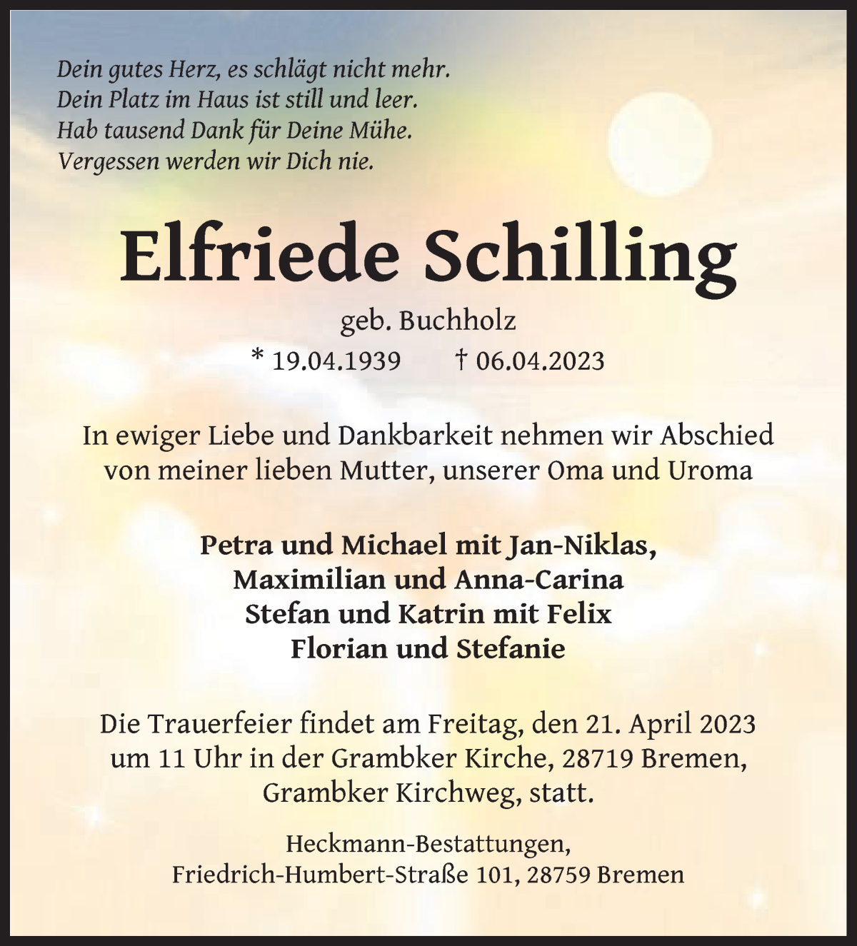 Traueranzeige von Elfriede Schilling von WESER-KURIER