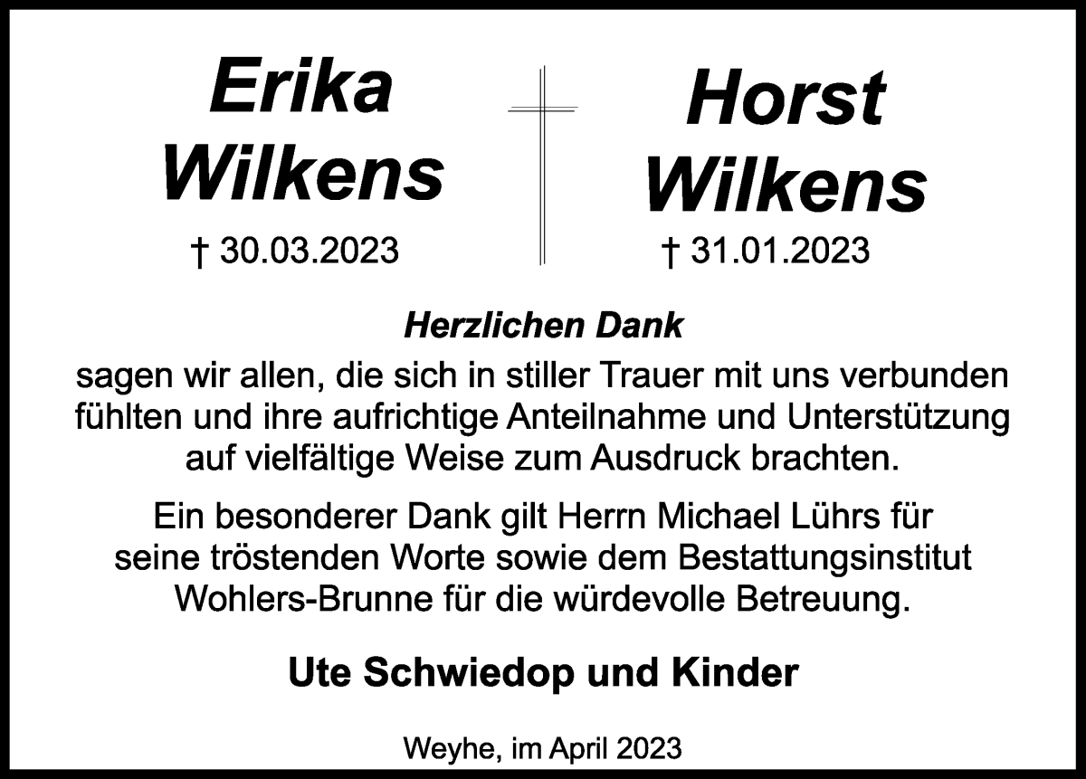 Traueranzeige von Erika und Horst Wilkens von Regionale Rundschau/Syker Kurier