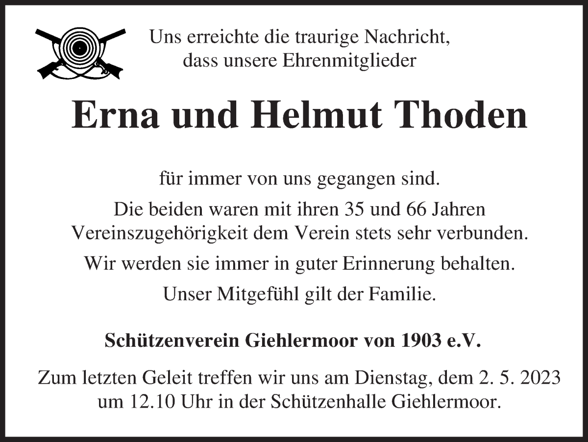 Traueranzeige von Erna und Helmut Thoden von Osterholzer Kreisblatt