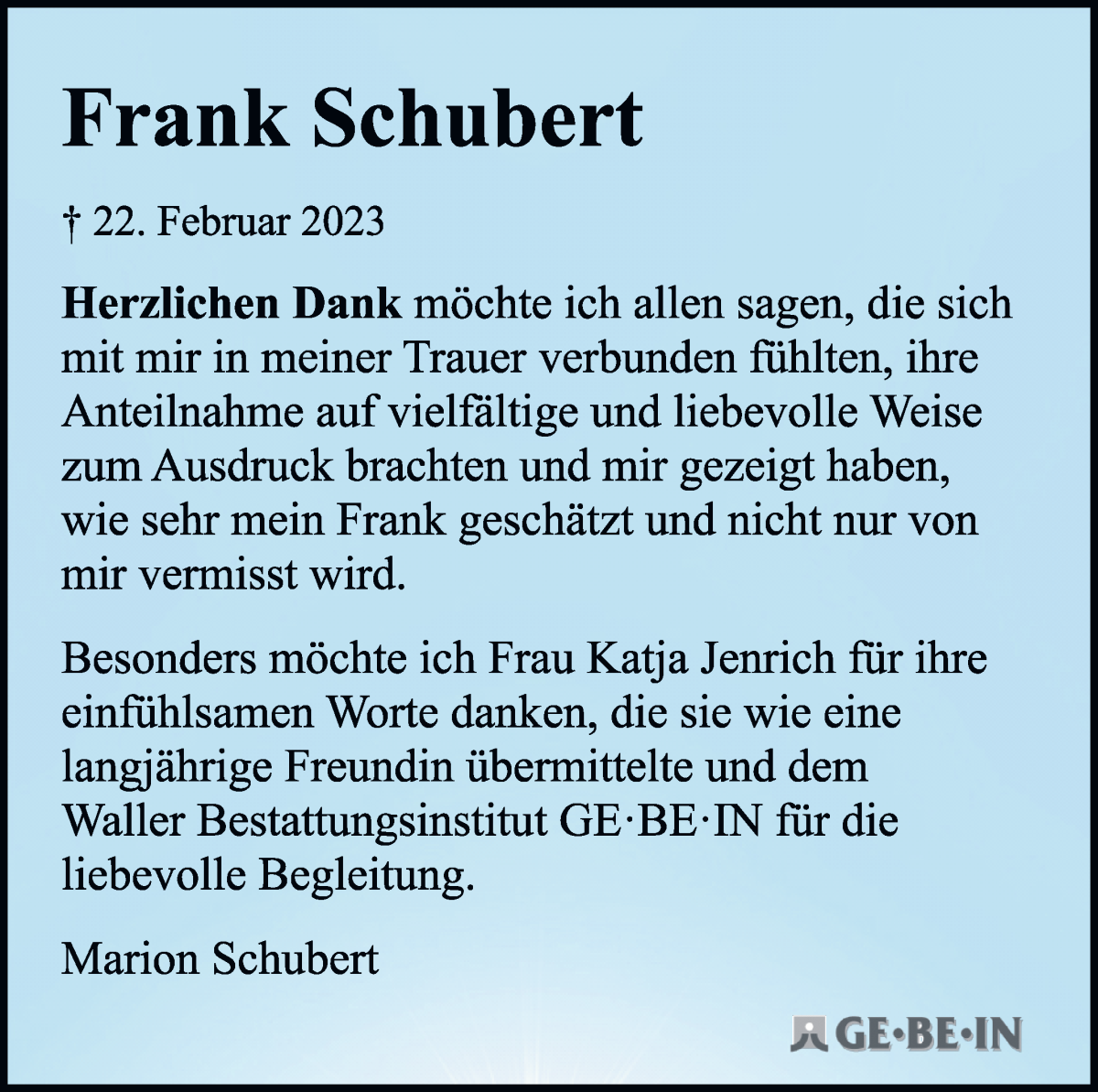 Traueranzeige von Frank Schubert von WESER-KURIER