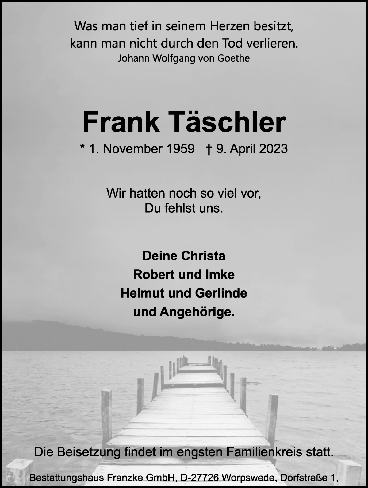 Traueranzeige von Frank Täschler von Wuemme Zeitung