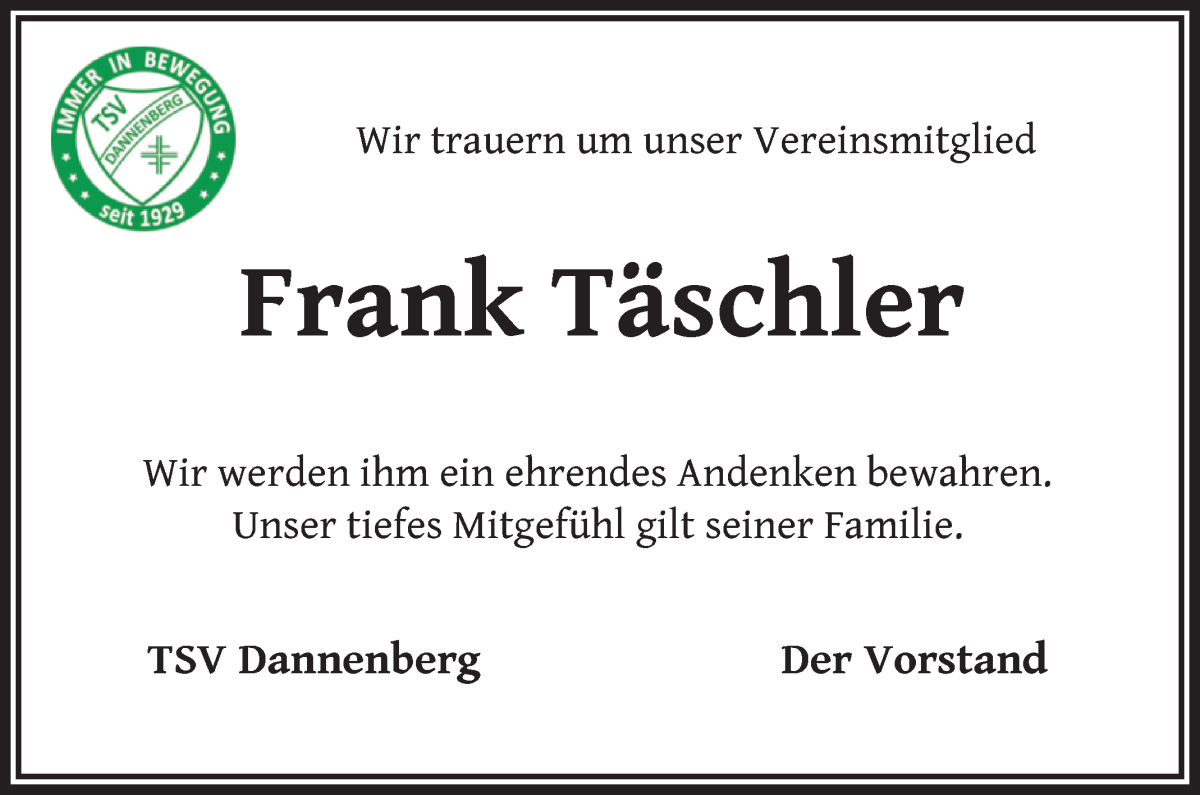 Traueranzeige von Frank Täschler von Wuemme Zeitung