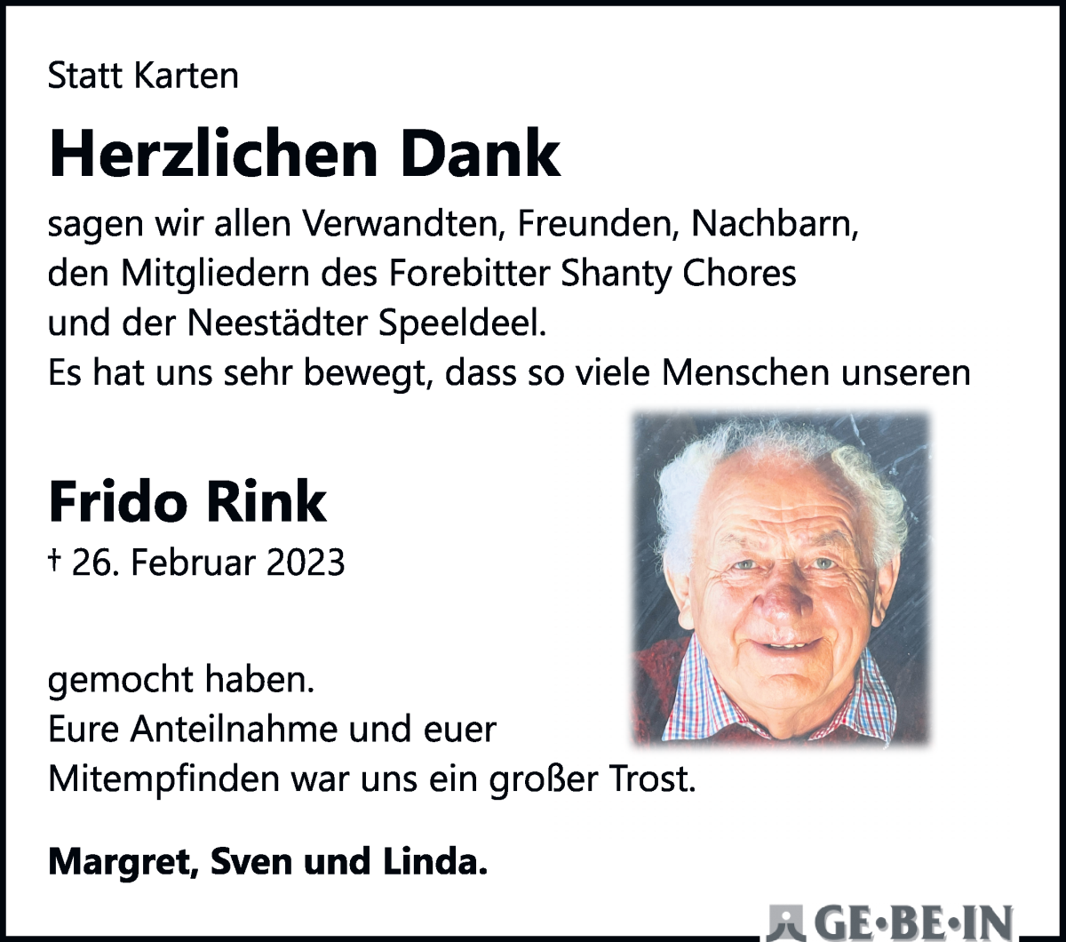 Traueranzeige von Frido Rink von WESER-KURIER