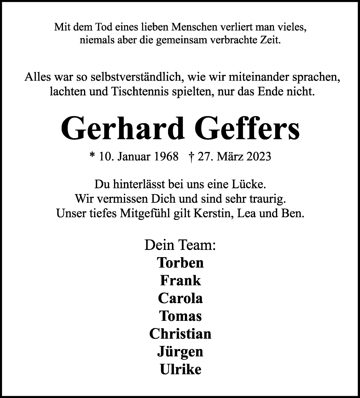  Traueranzeige für Gerhard Geffers vom 01.04.2023 aus Wuemme Zeitung