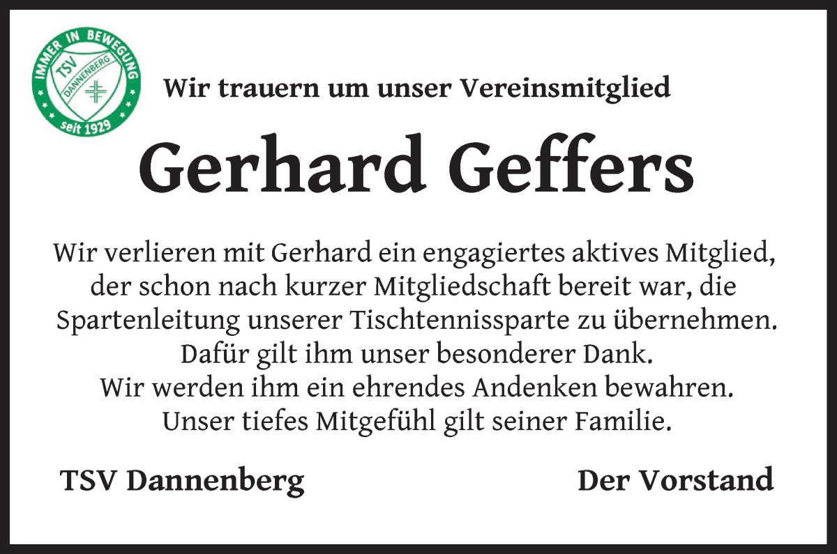  Traueranzeige für Gerhard Geffers vom 01.04.2023 aus Wuemme Zeitung