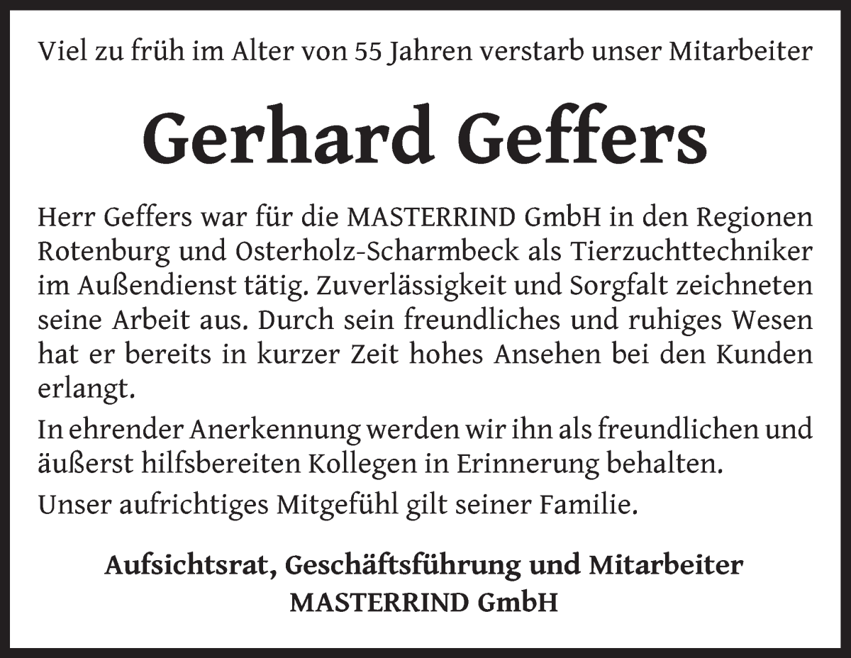  Traueranzeige für Gerhard Geffers vom 01.04.2023 aus Wuemme Zeitung