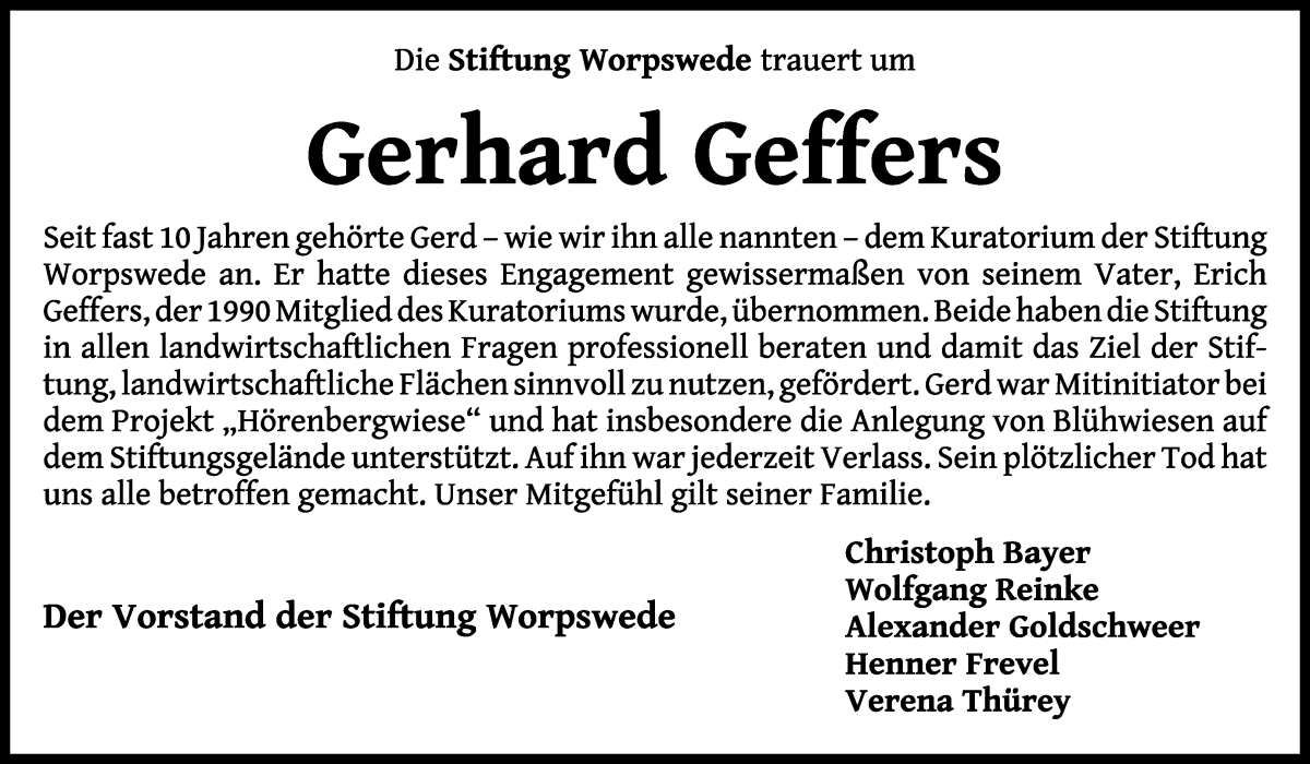  Traueranzeige für Gerhard Geffers vom 01.04.2023 aus Wuemme Zeitung