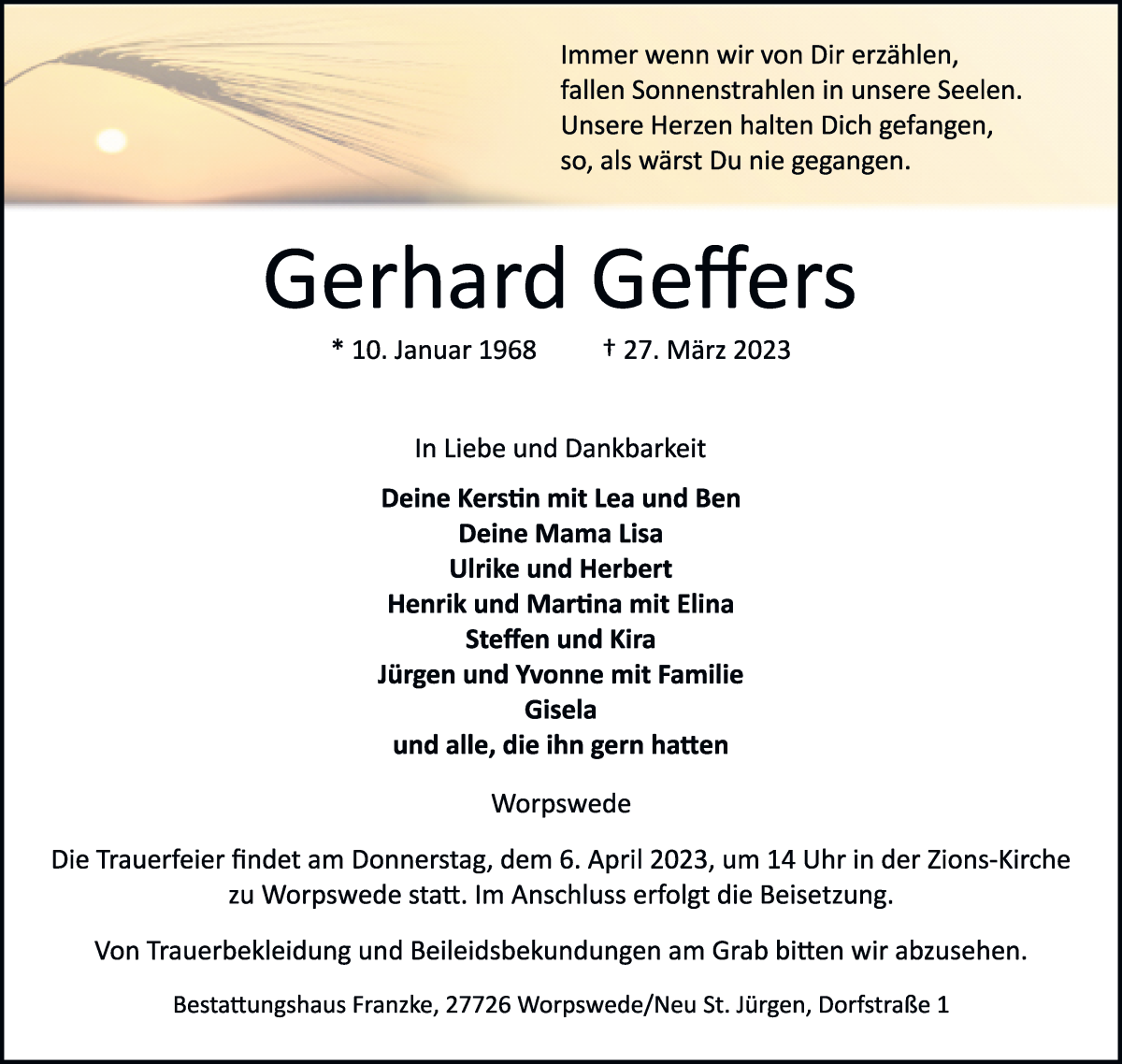  Traueranzeige für Gerhard Geffers vom 01.04.2023 aus Wuemme Zeitung