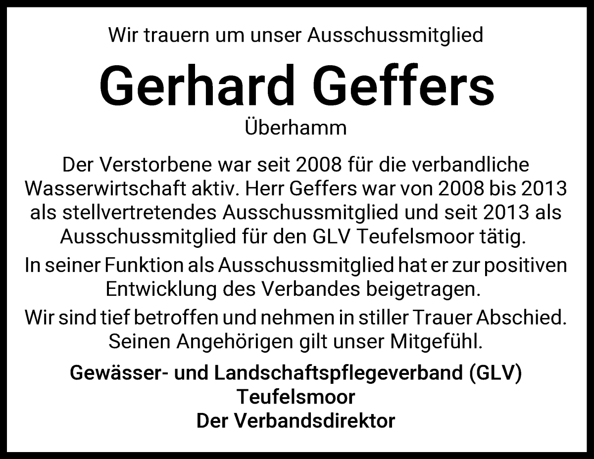  Traueranzeige für Gerhard Geffers vom 05.04.2023 aus Wuemme Zeitung