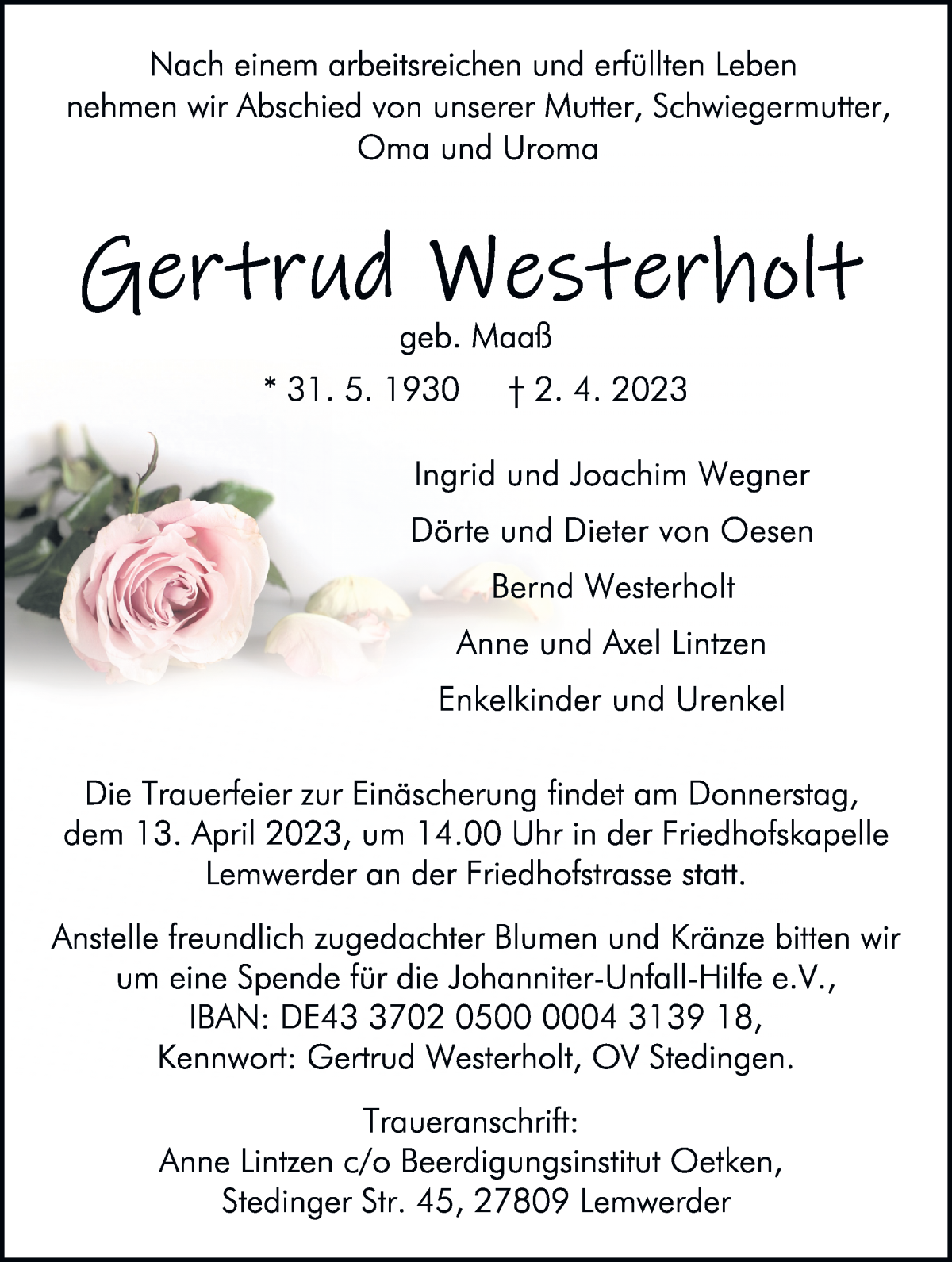 Traueranzeigen Von Gertrud Westerholt Trauer And Gedenken 