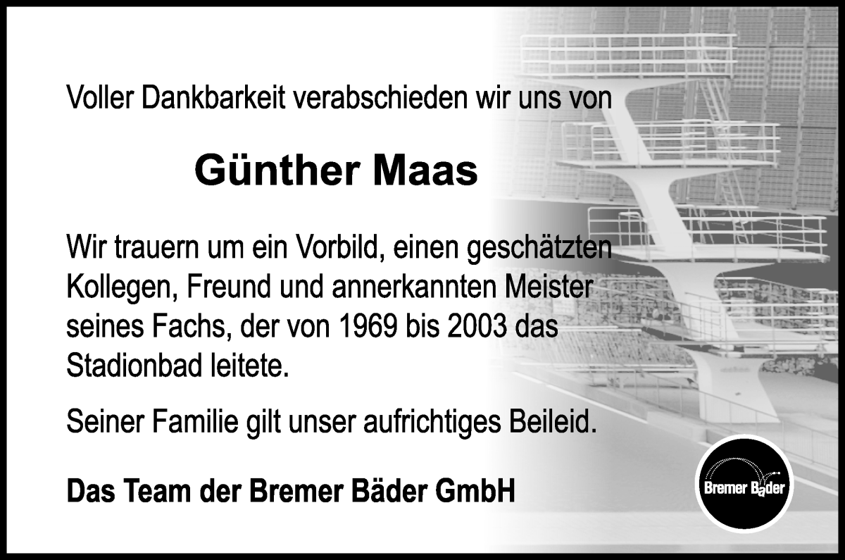  Traueranzeige für Günther Maas vom 01.04.2023 aus WESER-KURIER