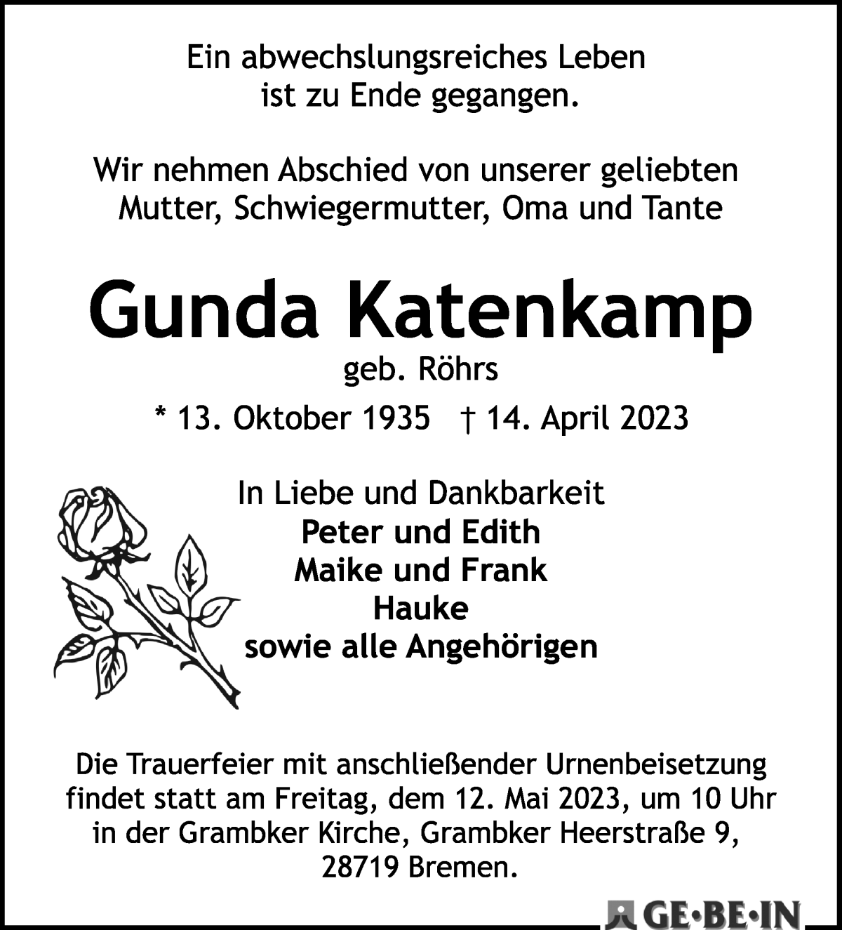  Traueranzeige für Gunda Katenkamp vom 29.04.2023 aus WESER-KURIER