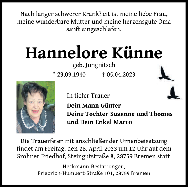 Traueranzeige von Hannelore Künne