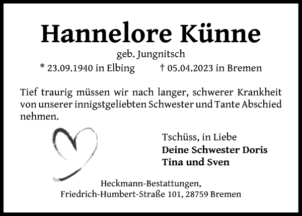 Traueranzeige von Hannelore Künne