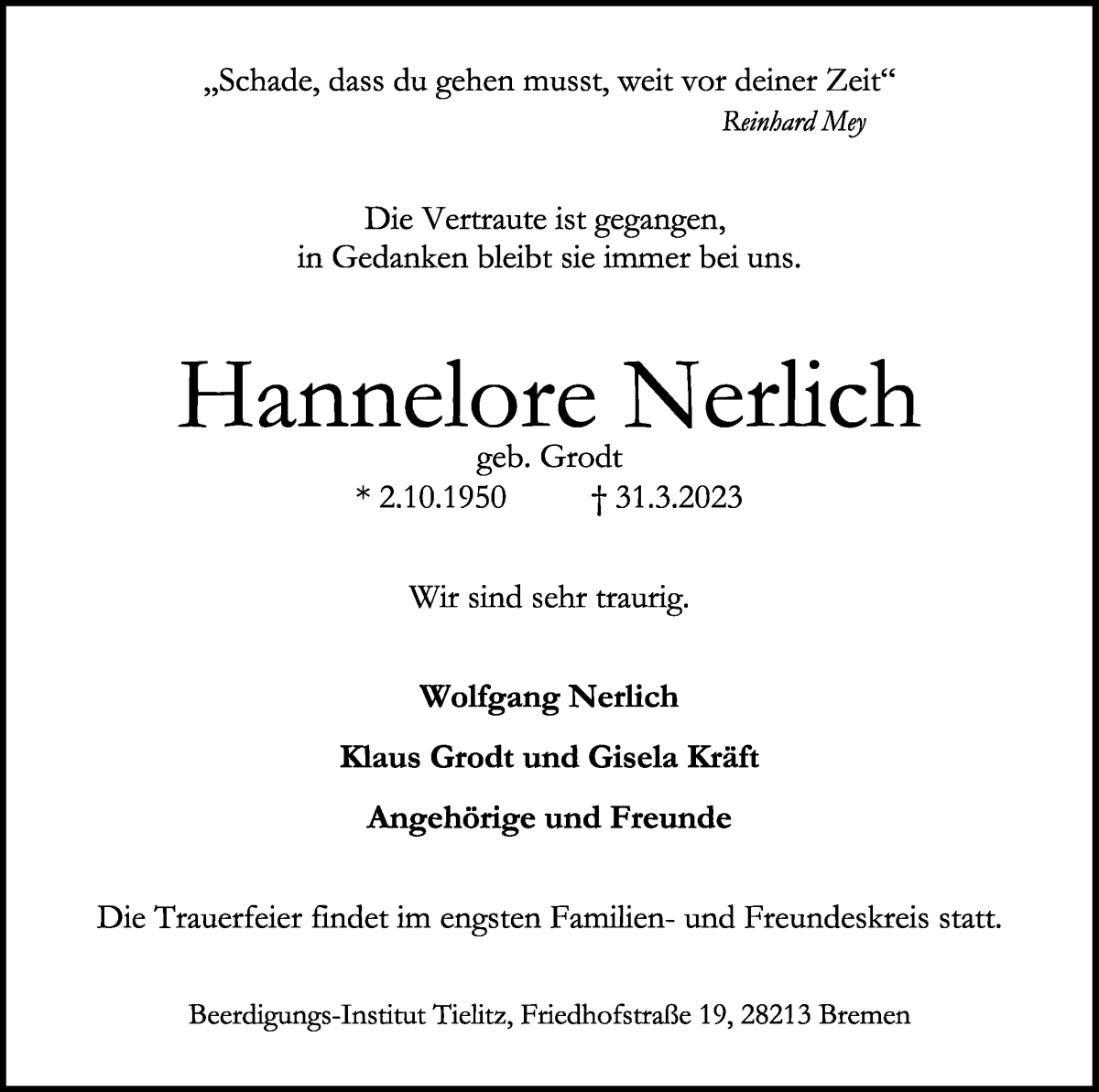 Traueranzeige von Hannelore Nerlich von WESER-KURIER