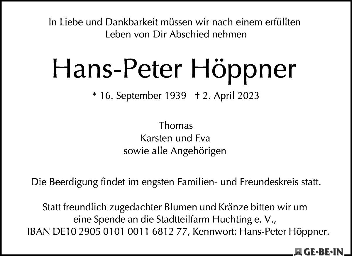 Traueranzeige von Hans-Peter Höppner von WESER-KURIER