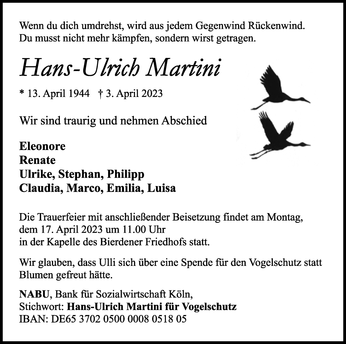 Traueranzeige von Hans-Ulrich Martini von Achimer Kurier/Verdener Nachrichten