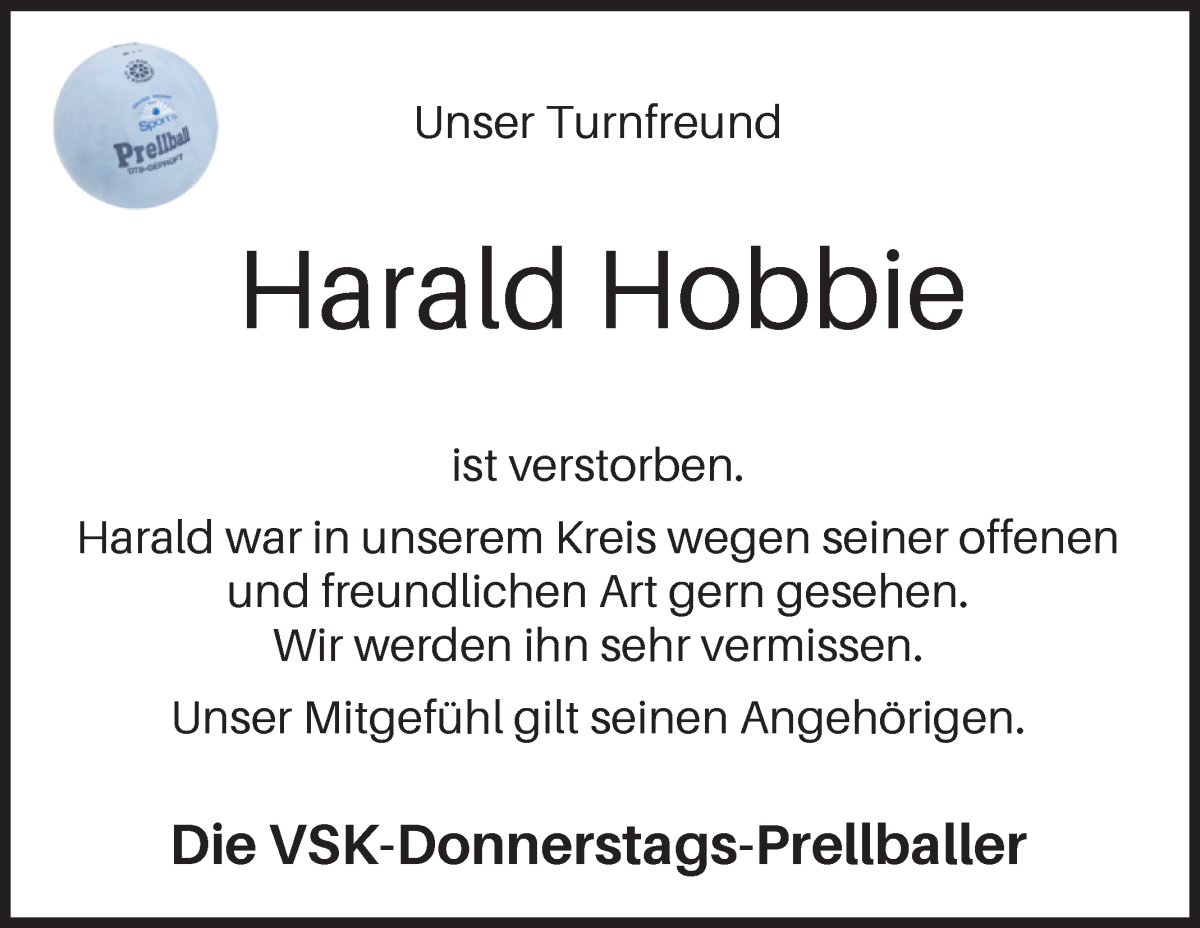  Traueranzeige für Harald Hobbie vom 24.04.2023 aus Osterholzer Kreisblatt