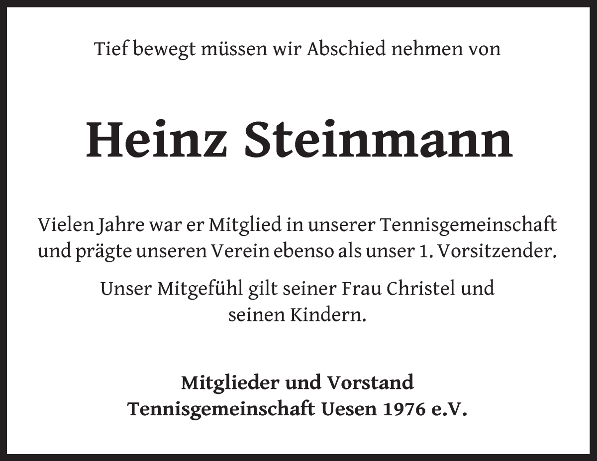 Traueranzeige von Heinz Steinmann von Achimer Kurier/Verdener Nachrichten