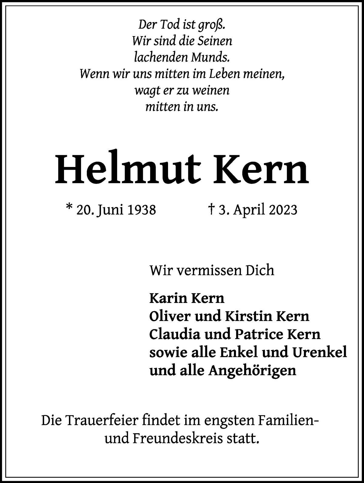 Traueranzeige von Helmut Kern von WESER-KURIER