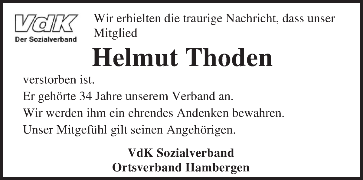 Traueranzeige von Helmut Thoden von Osterholzer Kreisblatt