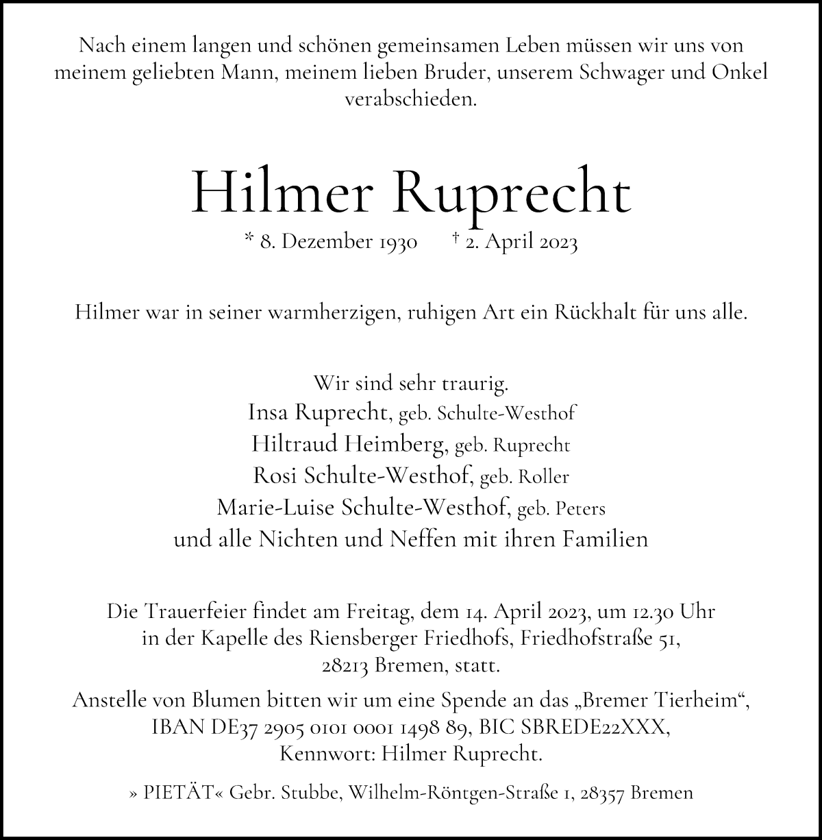 Traueranzeige von Hilmer Ruprecht von WESER-KURIER