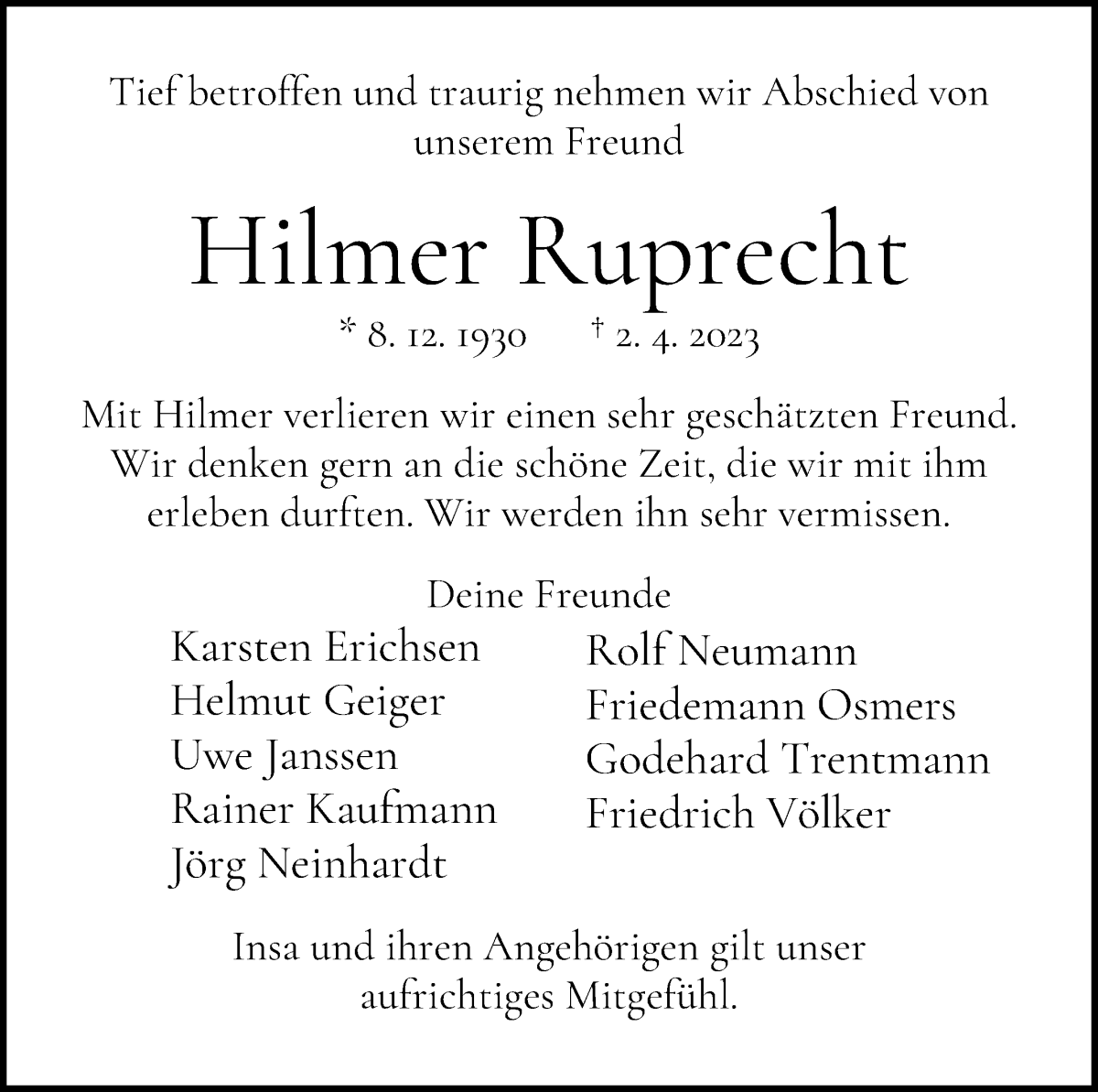 Traueranzeige von Hilmer Ruprecht von WESER-KURIER