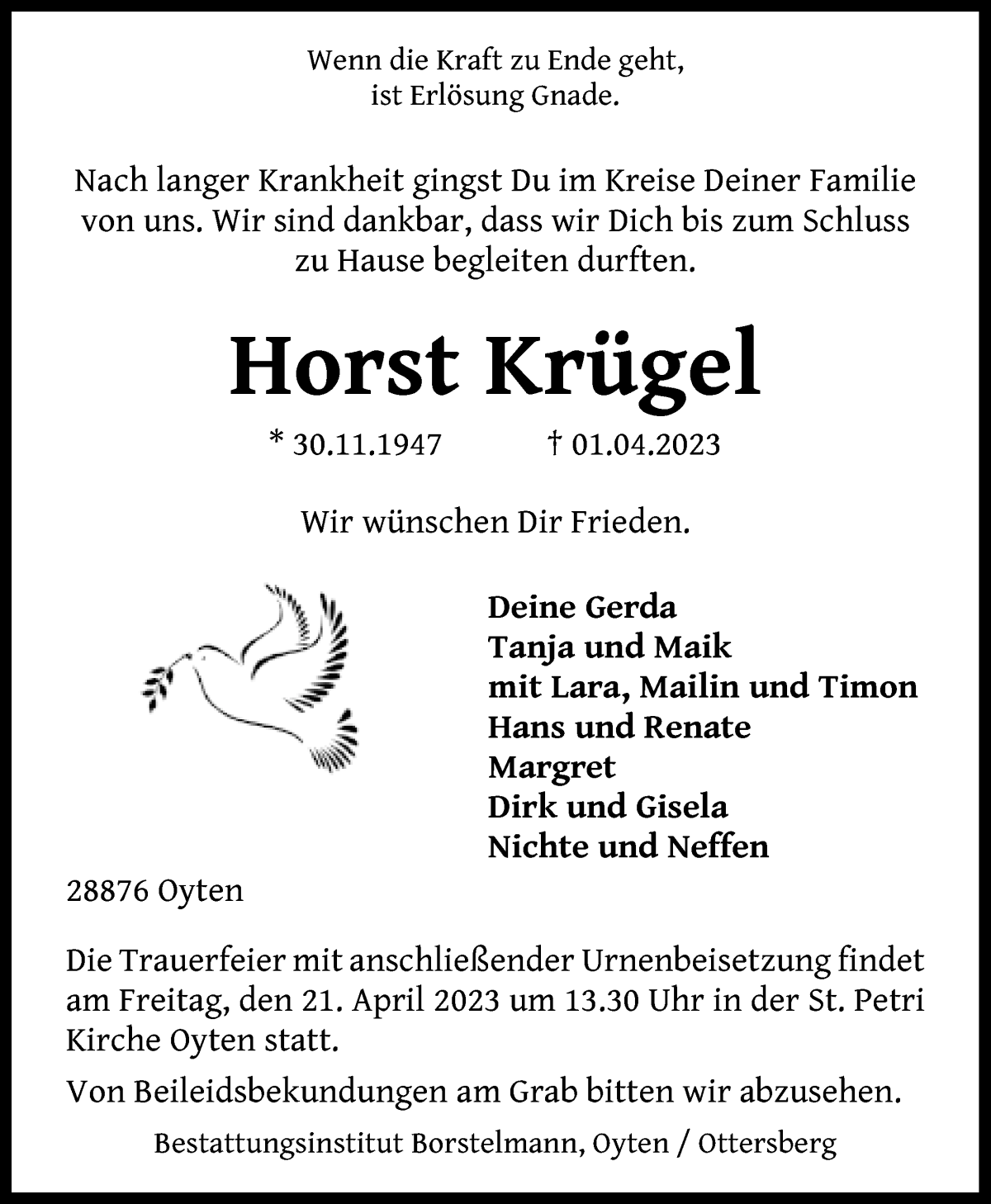  Traueranzeige für Horst Krügel vom 08.04.2023 aus WESER-KURIER